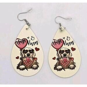 Valentine Hug & Kisses Dog Faux Leather Teardrop Dangle Earrings Double Sided